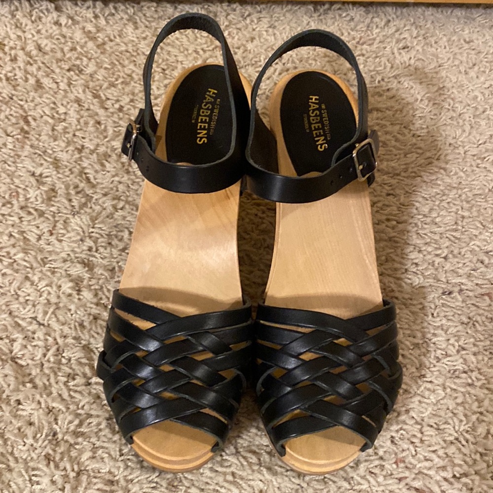 Swedish Hasbeens Black Woven Leather Clog Sandals